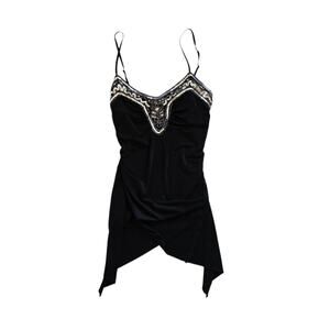 Y2k Fairycore Cami Top Beaded Whimsigoth Black Asymmetrical Hem - Small